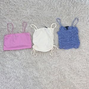 FOREVER 21 TANK BUNDLE- pink ribbed tank, white cinched tank, blue ruched tank